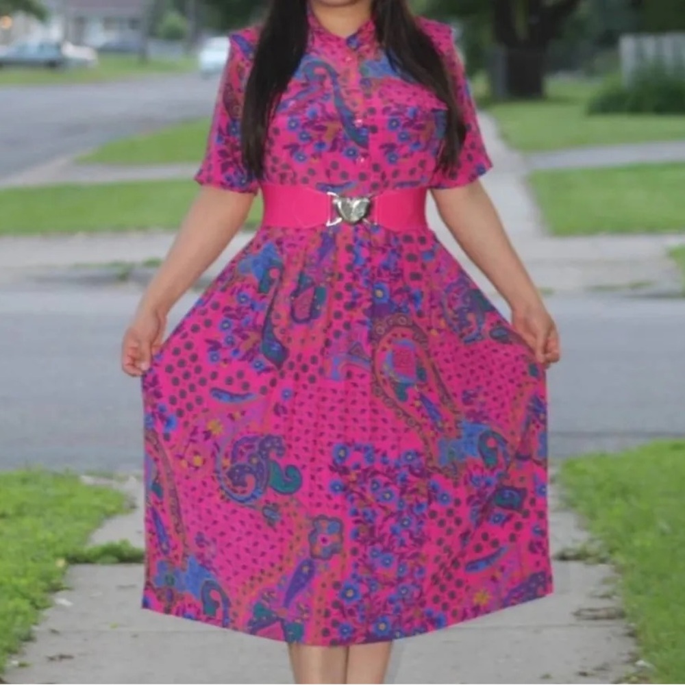 Vintage Leslie Faye Fuschia Floral Paisley Pleated Midi Dress Women’s 10 No Belt